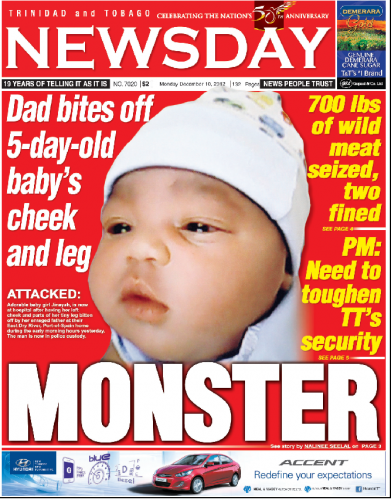 BABY’S FLESH BITTEN OFF on the front page of Newsday