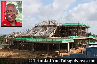 Lighthouse of the Lord Jesus Christ Church under construction at the Heights of Guanapo - Inset: Prime Minister Patrick Manning