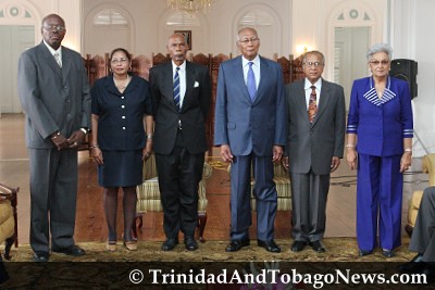 Members of the Integrity Commission with the President. LEFT: Neil Rolingson, Ann Marie Bissessar, Eric St Cyr, President George Maxwell Richards, Seunarine Jokhoo and Gladys Gafoor