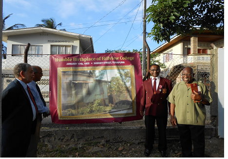 Original Building of Hillview College at Sheriff Street, Tunapuna with Conrad Amoroso, Kenneth Mahase, Stephen Kangal and Martin Albino of the 1955 Class of Pioneers