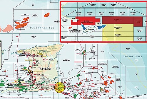 Energy Map showing oil/gas installations operating around Tobago above and  West Tobago below