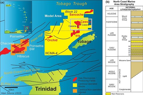 Energy Map showing oil/gas installations operating around Tobago above and  West Tobago below