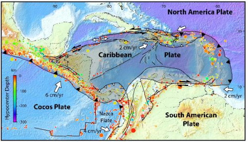 Tectonic Plates Converging in the Caribbean Area resulting in the Island Chain (Courtesy of the Petroleum Magazine)