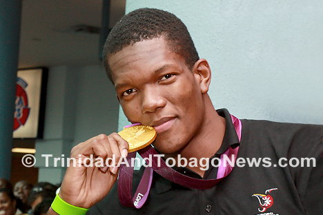 Keshorn Walcott at welcoming ceremony, Piarco International Airport