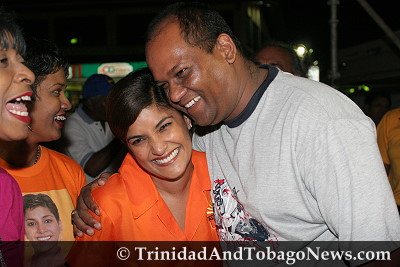 Oropouche West MP Mickela Panday, centre, with a supporter at the UNC rally in Maraabella, last night