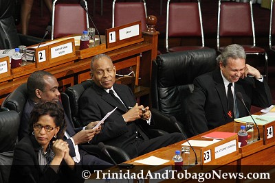 LEFT: Finance Minister Karen Nunez-Tesheira, Attorney General John Jeremie, Prime Minister Patrick Manning and Works Minister Colm Imbert in parliament on March 12, 2010