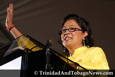 United National Congress (UNC) leader Kamla Persad-Bissessar addressing the crowd at Charlie King Junction, Fyzabad