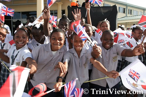 School children at Piarco International Airport for the Queen's arrival