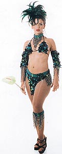 A model displays the costume which will be worn by the gorgeous women in Poison's 